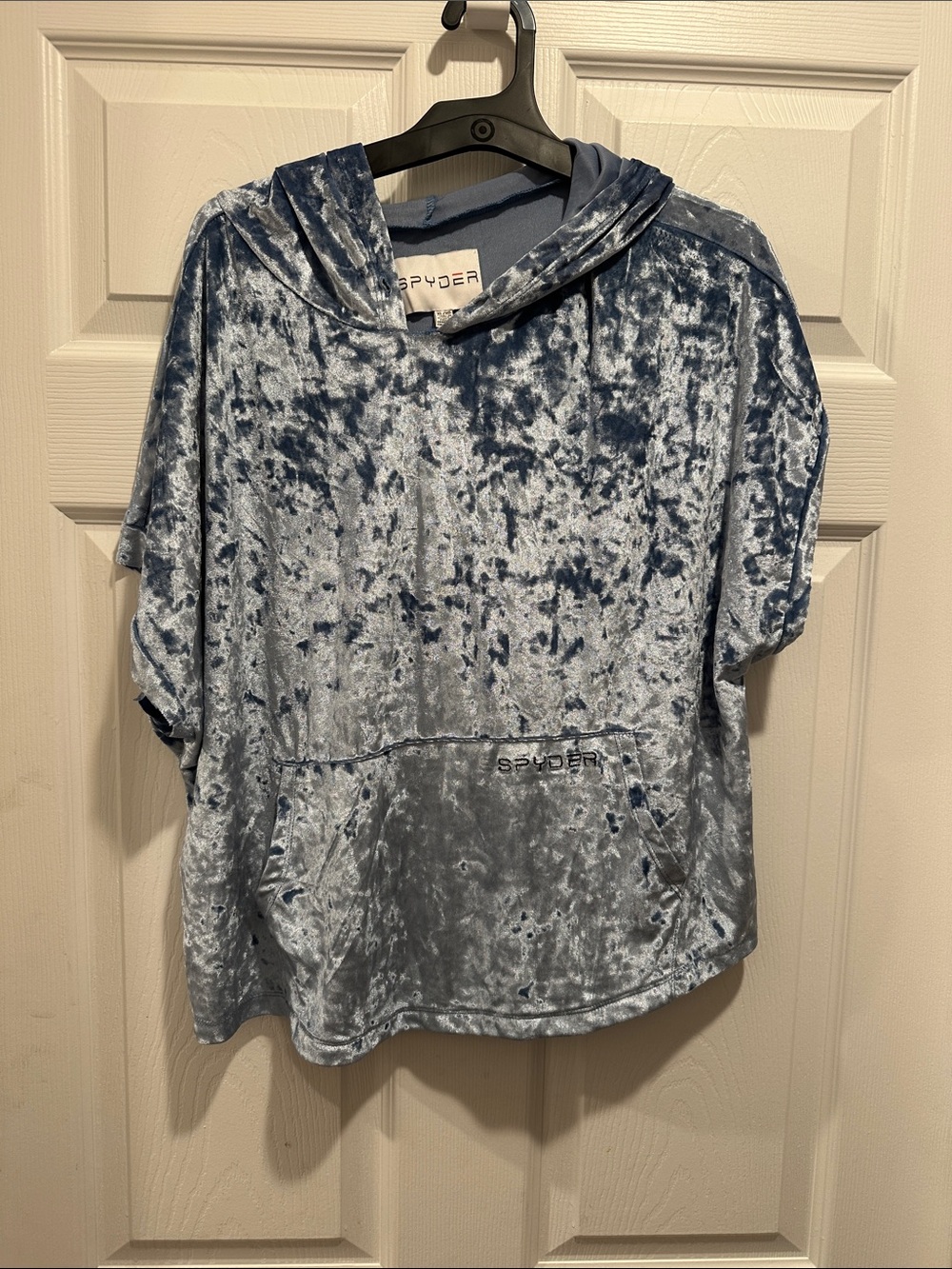 Spyder Crushed Velvet Hooded Short Sleeve Pullover in Steel Blue